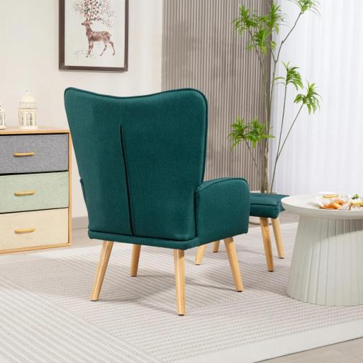 Sillón con Reposapiés Sillón Lectura con Respaldo Alto Capitoné Patas de Madera y Tapizado en Lino Verde Oscuro [3]