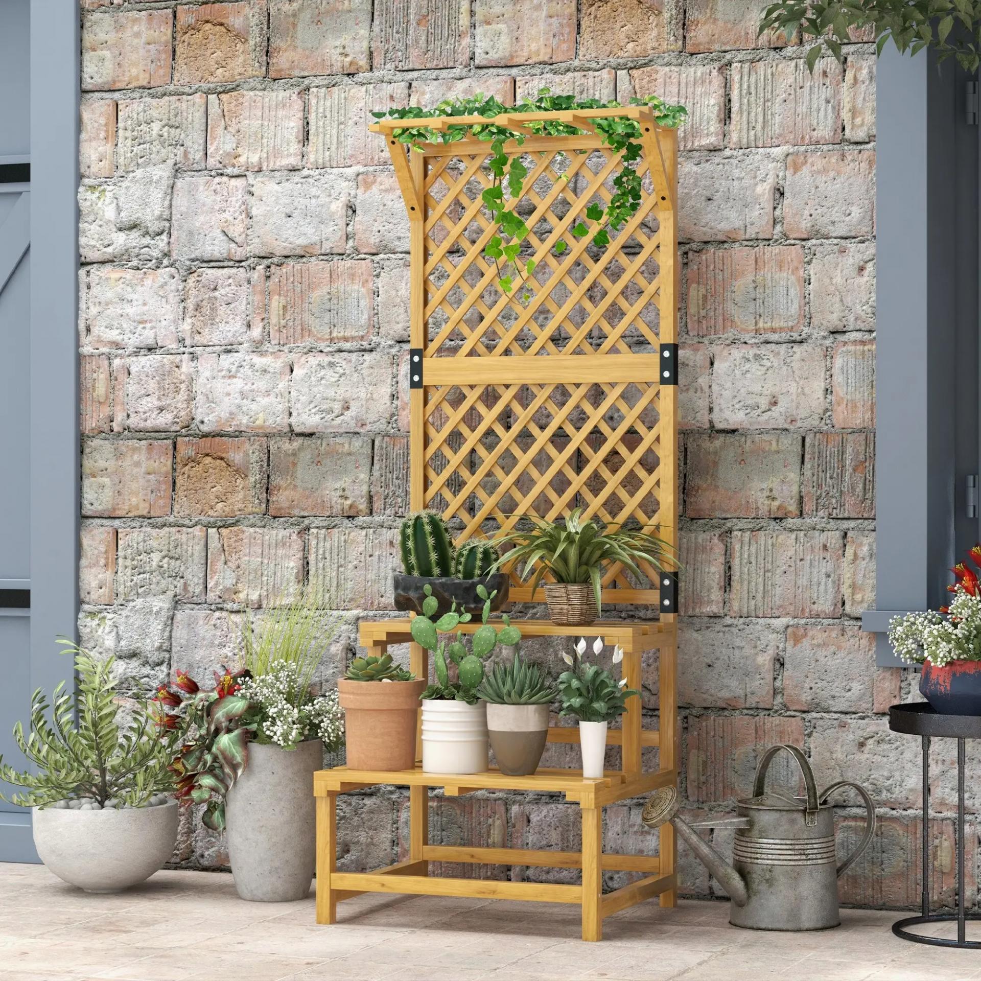 Soporte para Plantas de Madera Estantería para Plantas de 2 Niveles con Enrejado para Jardín Patio Terraza Natural