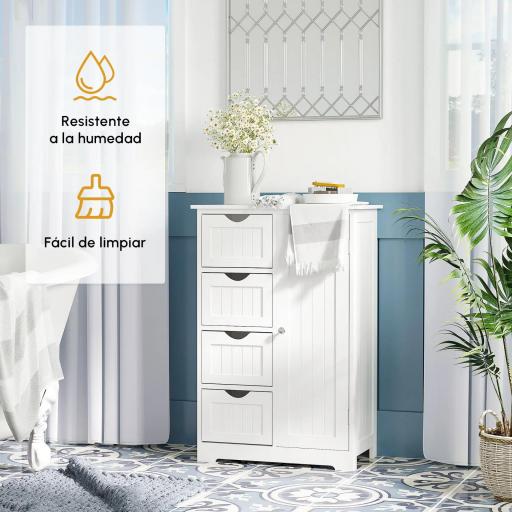 Armario Auxiliar de Baño Mueble para Baño con Puerta 4 Cajones y Estante Ajustable para Cocina Salón 56x30x83 cm Blanco [6]