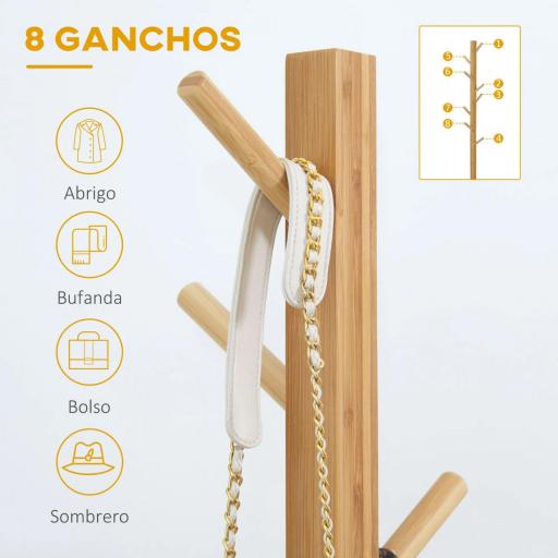 Perchero de Pie de Bambú, Perchero para Ropa con 8 Ganchos, Forma de Árbol, 49,5x49,5x178 cm, Natural [7]