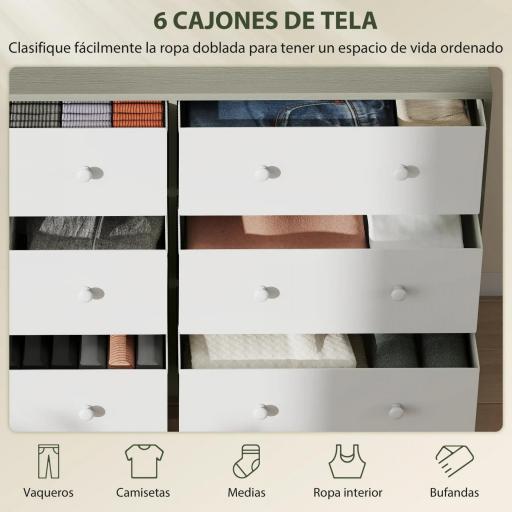 Cómoda con 6 Cajones de Tela Marco de Acero y MDF Cajonera para Salón Oficina Vestidor Blanco y Gris [6]