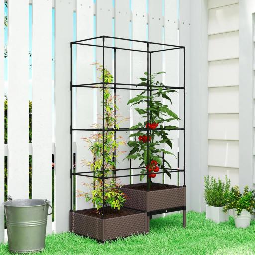Jardinera con Enrejado Metálico para Plantas Trepadoras 2 Macetas de PP con Orificios de Drenaje 100x50x174 cm Negro [2]