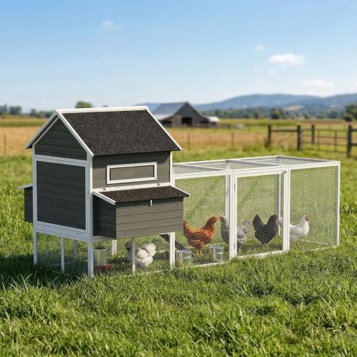 Gallinero Madera Grande Exterior con 2 Nidos Corral Techo Asfáltico Bandeja Extraíble Rampa 347x160x150 cm Gris Oscuro [8]