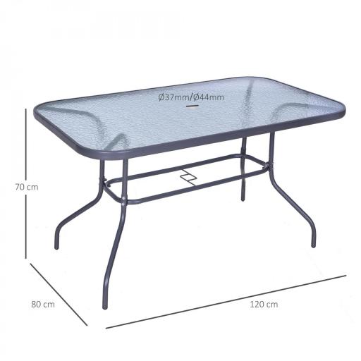 Mesa de Jardín Exterior Rectangular de Metal Bordes Curvos con Orificio para Sombrilla Capacidad 70kg Vidrio Templado 140x80x70 cm Gris Carbón [1]