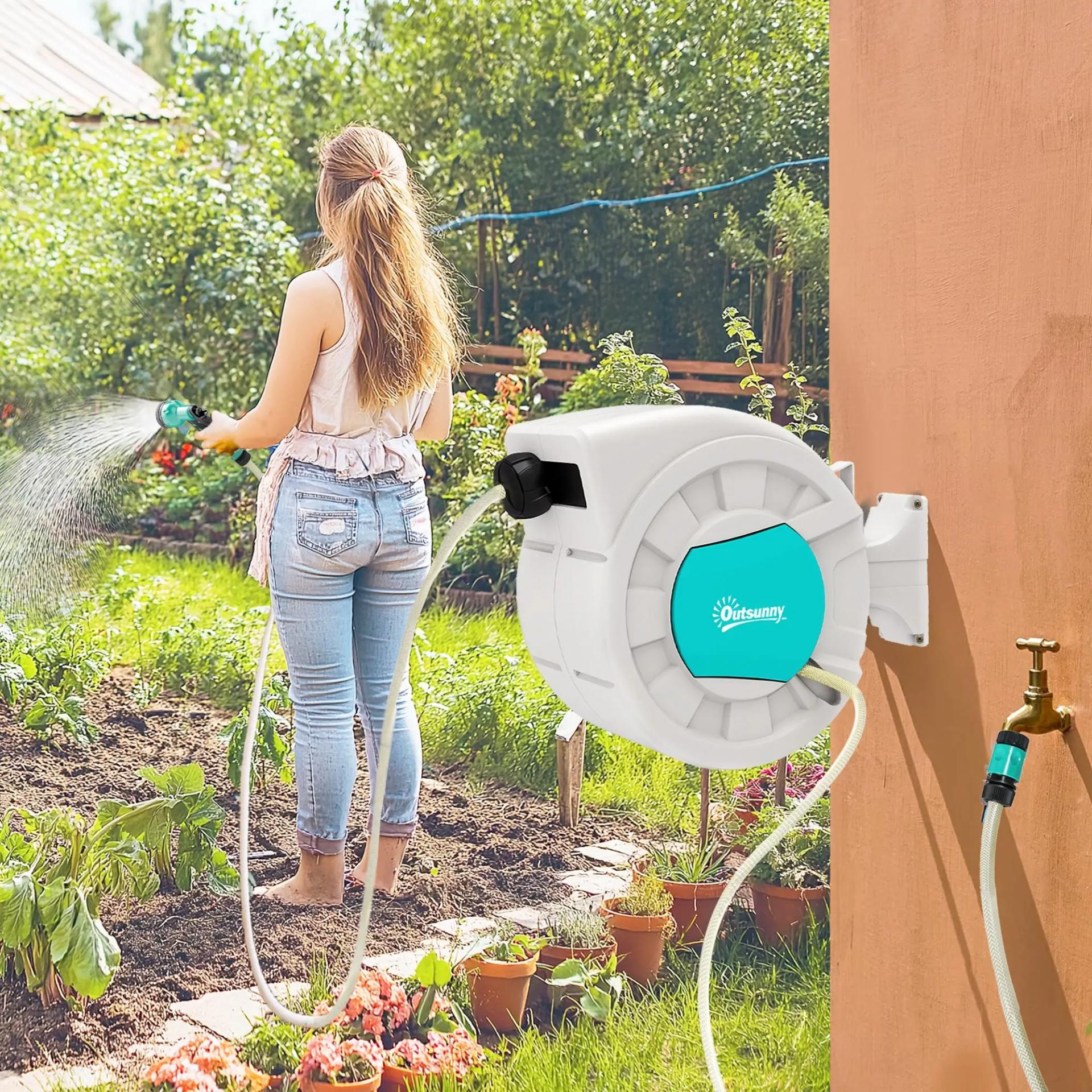 Carrete de Manguera Retráctil 20 +2 m con Soporte Boquilla de 7 Funciones y Bloqueo Retorno Automático Gris