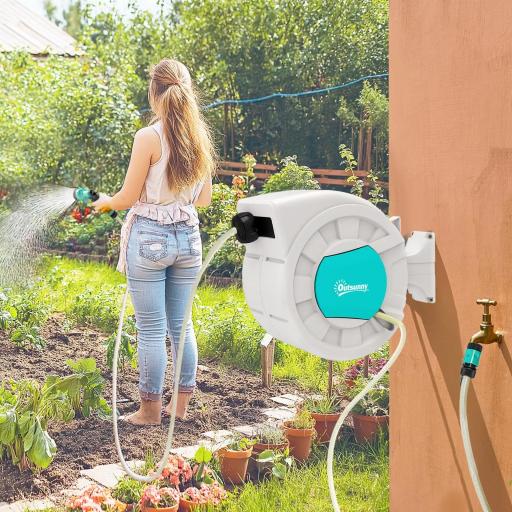 Carrete de Manguera Retráctil 20 +2 m con Soporte Boquilla de 7 Funciones y Bloqueo Retorno Automático Gris