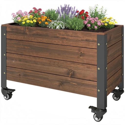 Jardinera Exterior de Madera con Ruedas con Orificio de Drenaje y Tela no Tejida Macetero 60x30x41 cm Marrón Oscuro [8]