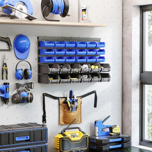 Estantería de Pared para Herramientas de 33 Piezas 63x18x37,5 cm con 30 Cajas Desmontable y 2 Paneles Azul y Gris