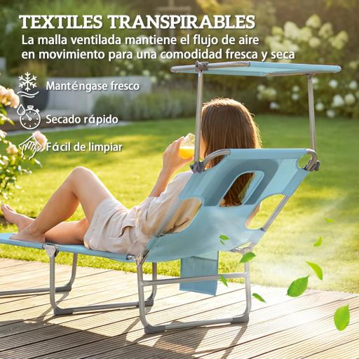 Set de 2 Tumbonas Plegables Reclinables con Dosel 360° Orificio Facial Bolsillo Lateral y Textilene 550 g/m² Azul [4]