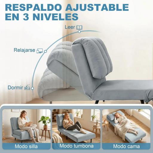 Sillón Cama Individual 3 en 1 Sofá Cama Plegable con Respaldo Ajustable y Cojín Grueso para Salón 72x88x87 cm Gris [4]