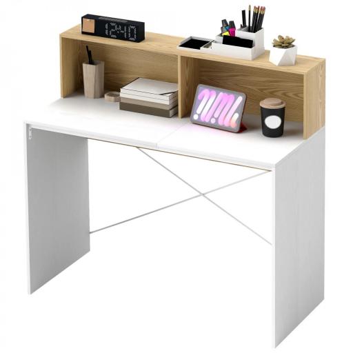 Escritorio 110x50x102,6 cm Mesa de Escritorio con 2 Compartimentos Abiertos y Estante Blanco y Madera Natural [8]