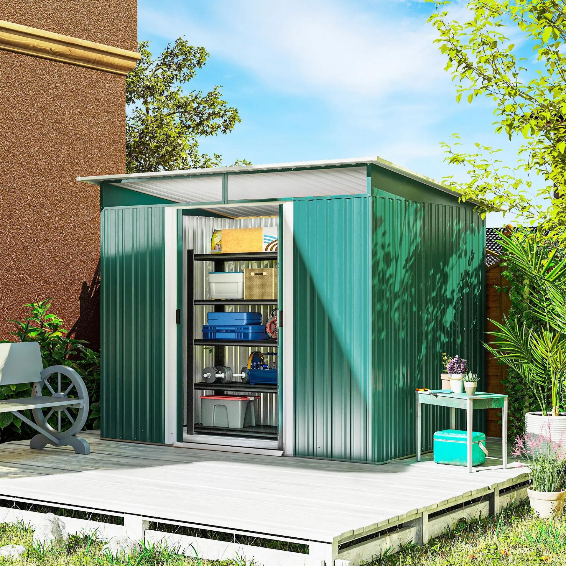 Cobertizo de Jardín Exterior 4,5 m² 260x194x200 cm con Paneles Frontales Transparentes y 2 Puertas Corredizas Verde