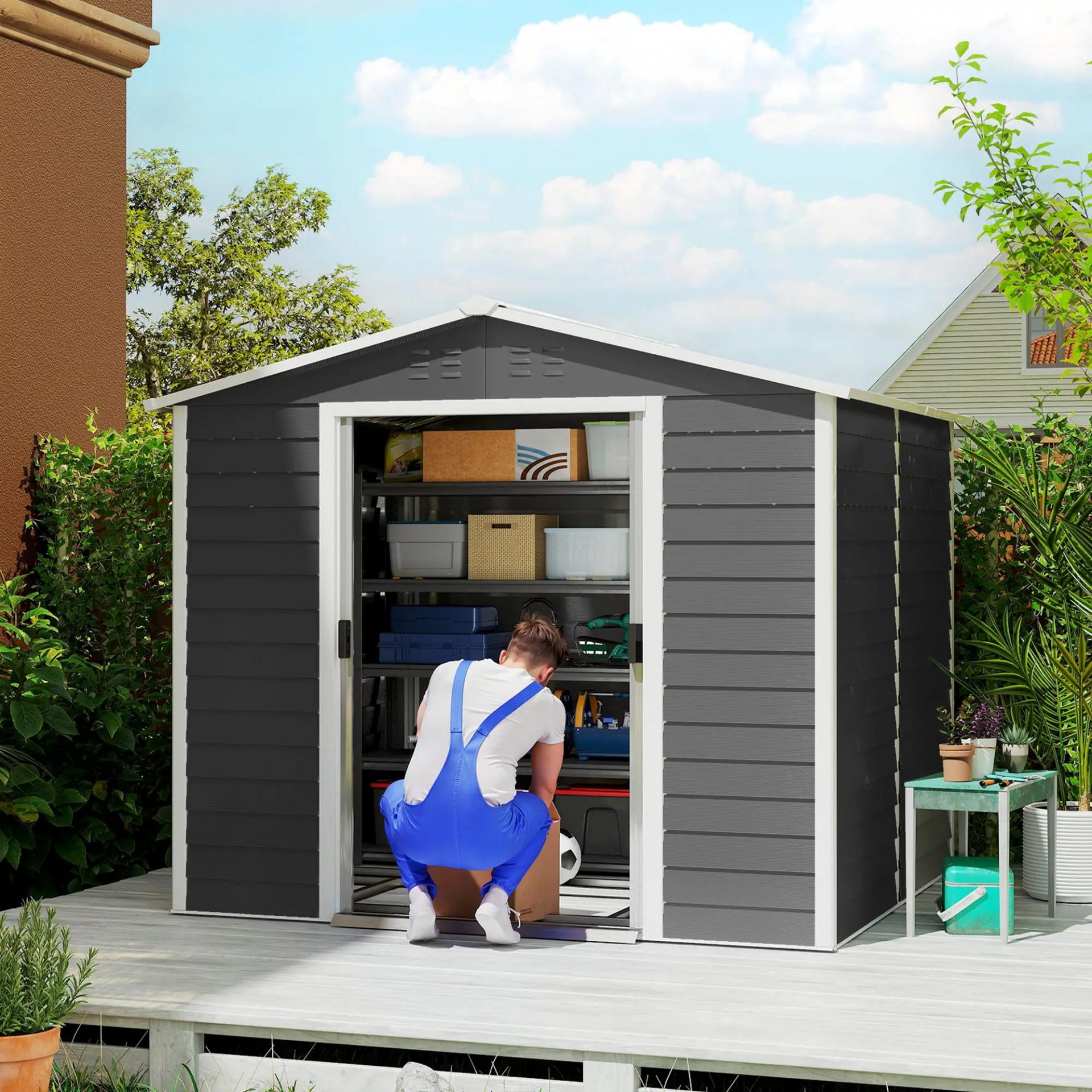 Cobertizo de Jardín Exterior 4,4 m² 240x206x198 cm con Base Puerta Corredera y Cerradura 4 Ventanas para Patio Gris