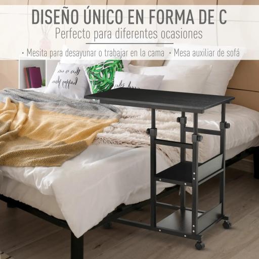 Mesa Auxiliar con Ruedas 80x40 cm Mesa para Sofá en Forma de C con Altura Ajustable 3 Niveles de 72-82 cm Marco de Metal para Salón Cocina Negro [5]