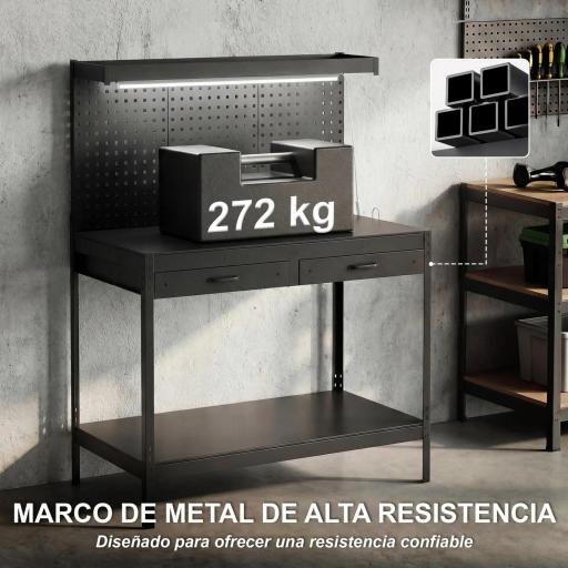 Banco de Trabajo Carga 272 kg 110x60x150 cm con Tableros Perforados Metálicos Toma de Corriente Luces LED Cajones Negro [3]