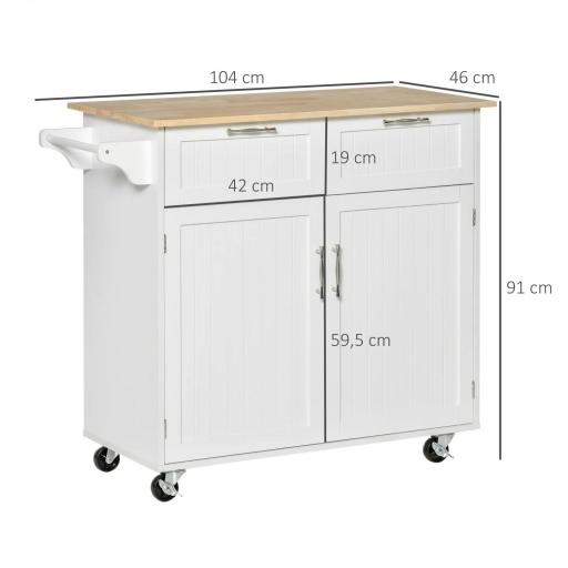 Mueble Auxiliar de Cocina con Ruedas 2 Cajones 2 Puertas Estante Ajustable y Toallero 104x46x91 cm Blanco [1]