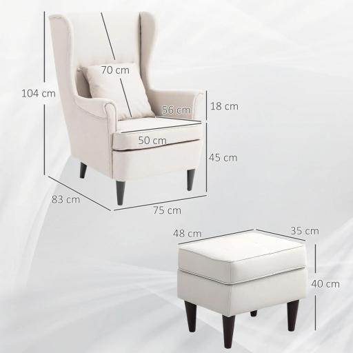 Sillón con Reposapiés Respaldo Alto Capitoné Patas de Madera Almohada Acolchada y Tapizado en Lino Beige [1]