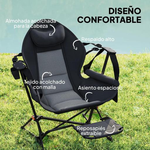 2 Mecedora Jardín Exterior con Reposapiés Reposacabezas Portavasos Bolsillos y Bolsa de Transporte Carga 120 kg Negro [7]