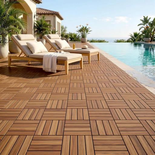 Set de 10 Piezas Baldosas de Exterior de Madera 31x31 cm 0,91 m² Suelo de Jardín Exterior Antideslizantes Marrón Oscuro [2]