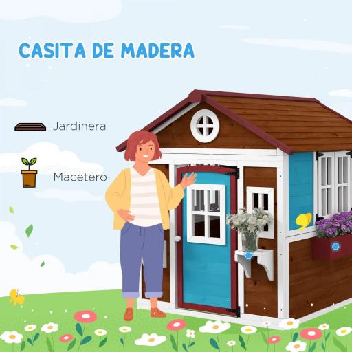 Casita de Madera Infantil con Puerta Ventanas Jardineras y Repisas con Detalles de Color 114x126,4x135 cm Marrón Oscuro [4]