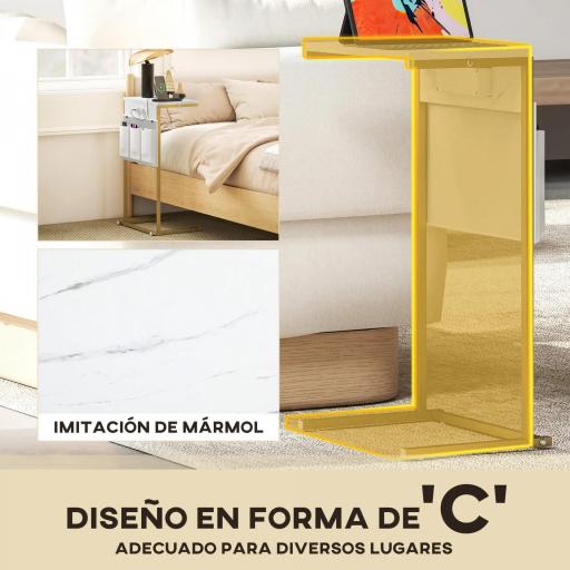 Mesa Auxiliar Estilo Marmolizado con Cargador USB y Espacio de Almacenaje 25,5x40x71 cm Blanco y Dorado [3]