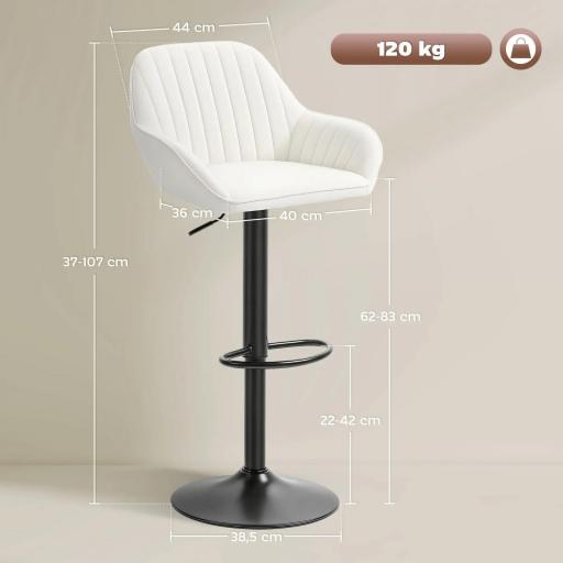 Juego de 2 Taburetes de Bar Giratorios Altura Ajustable 62-83 cm Tapizada en Terciopelo Respaldo y Reposapiés Crema [1]