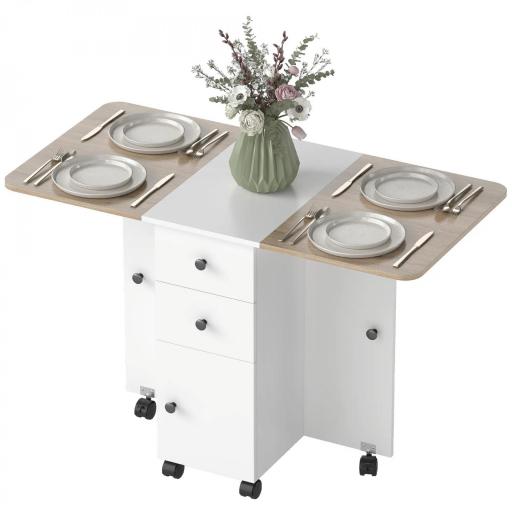 Mesa Plegable de Comedor con Ruedas Alas Abatibles 2 Cajones y Armario Hasta 6 Personas 120x60x76,5 cm Blanco y Natural [10]