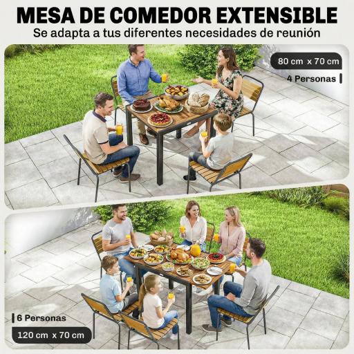 Mesa de Jardín Extensible 120/80x70 cm Estructura de Acero y Tablero de Madera de Acacia para 4-6 Personas Natural [7]