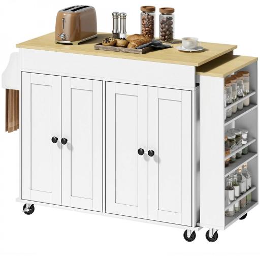 Isla de Cocina con Ruedas Encimera Extensible 4 Puertas Estantes Ajustables Especiero y Soporte para Toallas Blanco [7]