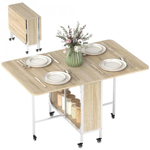 Mesa de Cocina Plegable con Ruedas Alas Abatibles y Estante Mesa Plegable para Salón 130x80x74 cm Madera Natural [9]