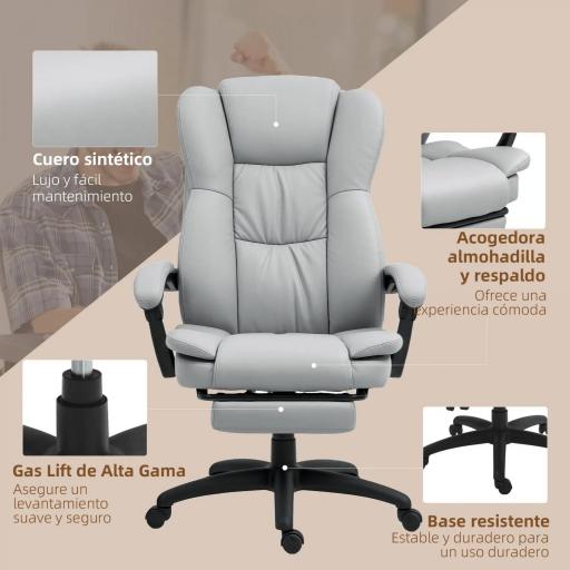 Silla de Oficina con 6 Puntos de Masaje Vibratorio con Altura Ajustable Respaldo Reclinable y Reposapiés Retráctil Gris [3]