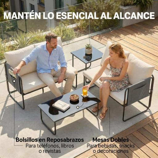 Conjunto Jardín Exterior de 4 Piezas con 2 Sofás 2 Plazas 2 Mesas de Vidrio Cojines Fundas Extraíbles y Bolsillos Caqui [7]