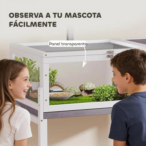 Casa para Tortugas de Madera con Techo de Malla Bandeja Extraíble y Soporte para Lámpara 104x53x82 cm Gris y Blanco [3]