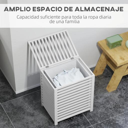 Cesta para la Colada de Bambú Capacidad de 55L Cesto para Ropa Sucia con 2 Asas y Bolsa Extraíble 50x36x60 cm Blanco [5]