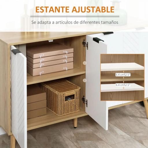 Mueble Buffet Auxiliar con Estantes Ajustables 2 Armarios y Antivuelco Carga 50 kg 120x35x77,4 cm Blanco y Natural [7]
