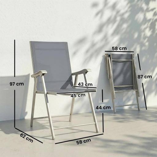 Conjunto de 4 Sillas de Jardín Exterior Plegables con Respaldo Alto y Reposabrazos para Terraza Playa 58x62x97 cm Gris [1]