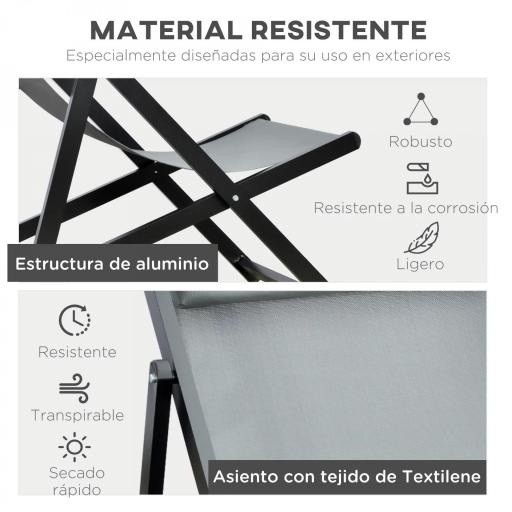Conjunto de 2 Tumbonas Plegables de Aluminio con Respaldo Regulable en 5 Posiciones y Reposacabezas 60x100x85 cm Gris [5]