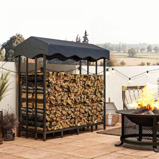 Leñero con Cubierta Soporte para Leña para Exterior con Estructura Reforzada Impermeable 143x70x145 cm Negro
