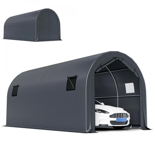 Garaje Exterior para Coche 3x6 m Impermeable con Tejido PE Resistente Marco de Metal Galvanizado UPF 30+ Gris Oscuro [9]