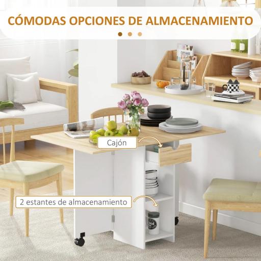 Mesa de Cocina Plegable con Ruedas Alas Abatibles Cajón y Estantes para 2-4 Personas 120x72x75 cm Roble y Blanco [2]