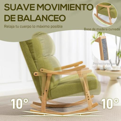 Silla Mecedora de Borreguito con Patas y Reposabrazos de Madera de Caucho Mecedora Carga 120 kg Verde Claro [2]