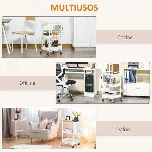 Carrito Auxiliar con Ruedas Carro de Almacenaje Multifuncional con 4 Ganchos y 2 Cestas Colgantes 51,5x32x75,6 cm Blanco [5]