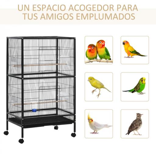 Jaula para Pájaros con 4 Ruedas Pajarera Metálica con Múltiples Puertas 4 Comederos Bebedero 2 Perchas 79x52x137cm Negro [2]