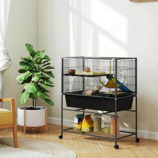 Jaula para Animales Pequeños de 3 Niveles con Rampas Antideslizantes Puertas Amplias y Ruedas con Freno 88x48x102cm Gris