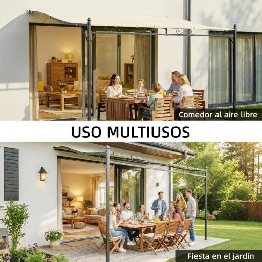 Pérgola de Pared 2,5x3,5 m con Techo Inclinado Orificios de Drenaje y Estructura Metálica Blanco Crema [6]
