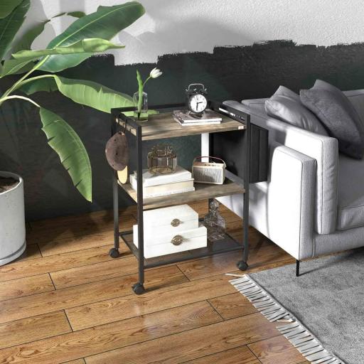 Carrito Auxiliar con Ruedas de 3 Niveles con Bolsa de Tela y 2 Ganchos para Salón Cocina Comedor 66x40x80,5 cm Gris