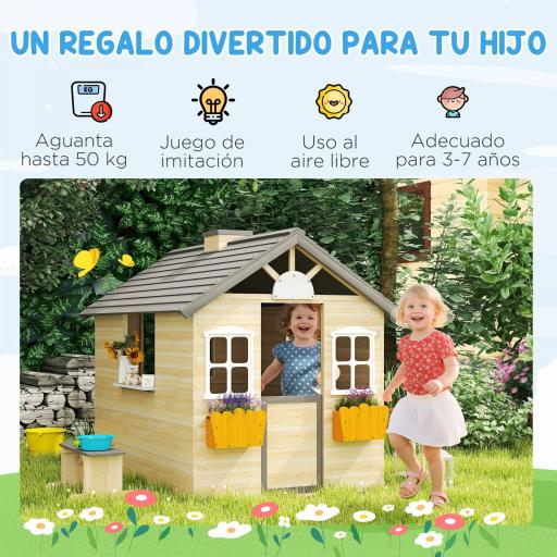 Casita Infantil de Juegos Exterior para Niños de 3 -7 Años con Ventanas 2 Jardineras y 1 Banco 113x94x134,5 cm Natural [3]