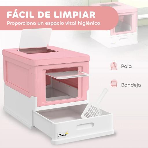 Arenero Cubierto para Gatos Desmontable con Entrada Frontal y Salida Superior con Pala 47,5x35,5x36,7 cm Rosa y Blanco [2]