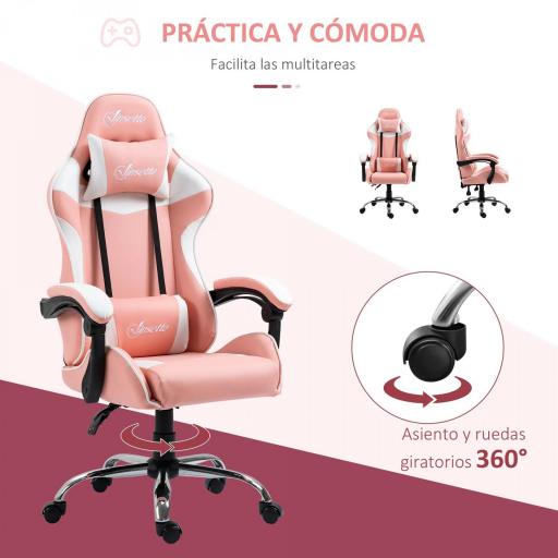 Silla Gaming Silla de Escritorio Reclinable 135° Reposacabezas y Cojín Lumbar 63x67x122-130 cm Rosa [3]