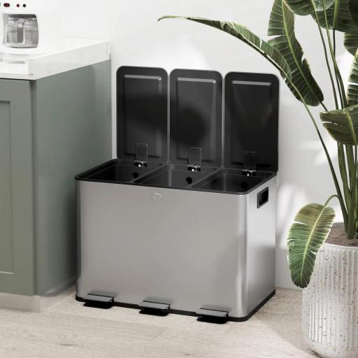 Papelera Cocina de Acero Inoxidable con 3 Compartimentos 3x10L con Pedales Tapas de Cierre Suave y Cubo Extraíble Plata [7]
